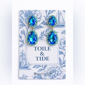 Blue Gold Tone Aqua Rhinestone Drop Earrings Coastal Beach Statement Jewelry